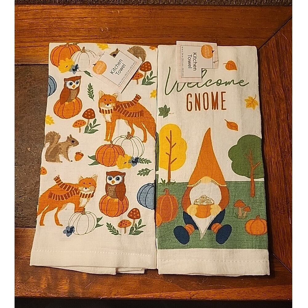 Kitchen Hand Towel Gnome Fall Forest Animals Pumpkins Leaves White Set of 2
